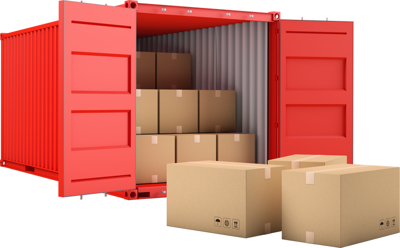 Open cargo container with cardboard boxes